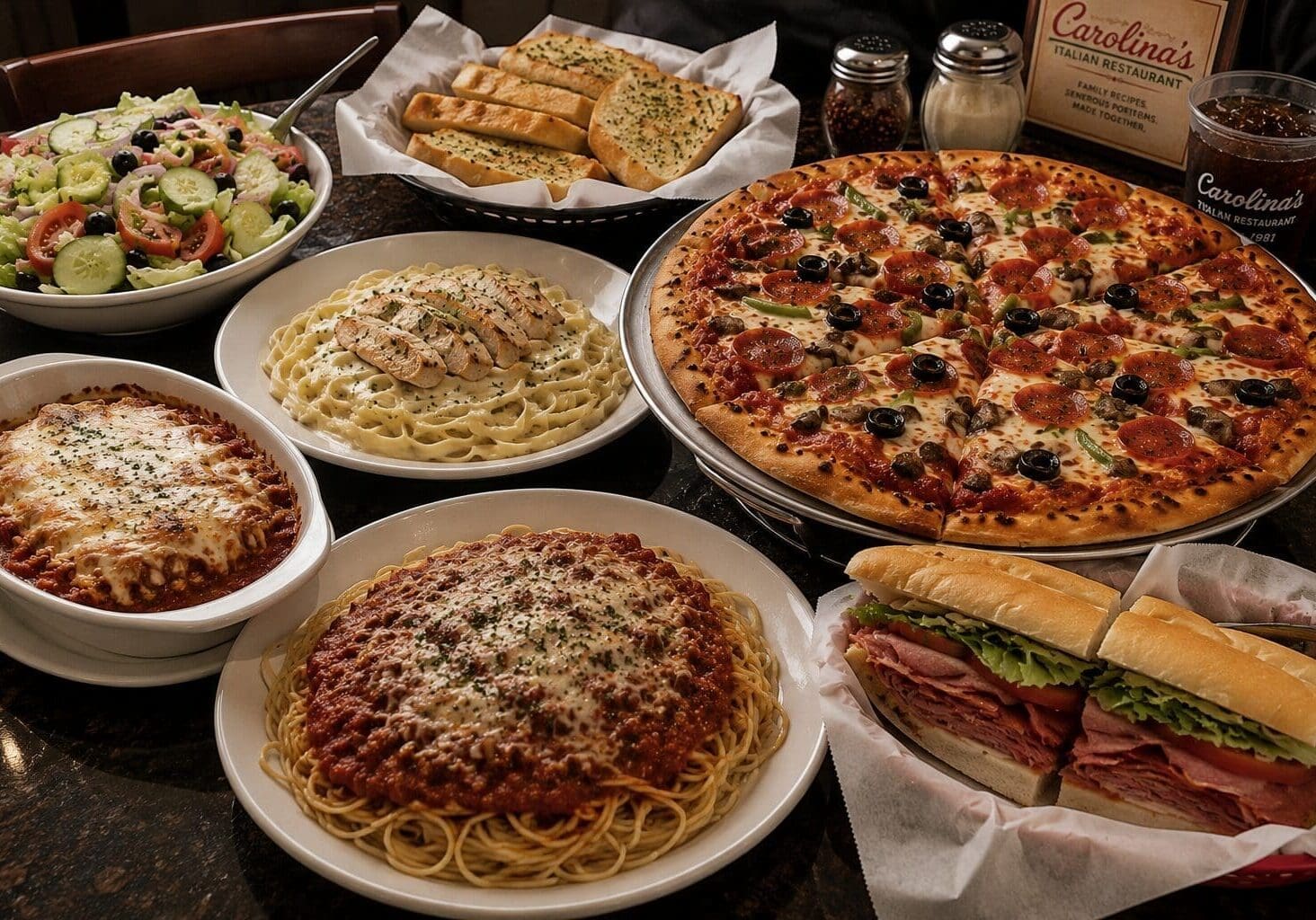 image of pizza, fettuccine alfredo, Spaghetti with meat sauce and salad