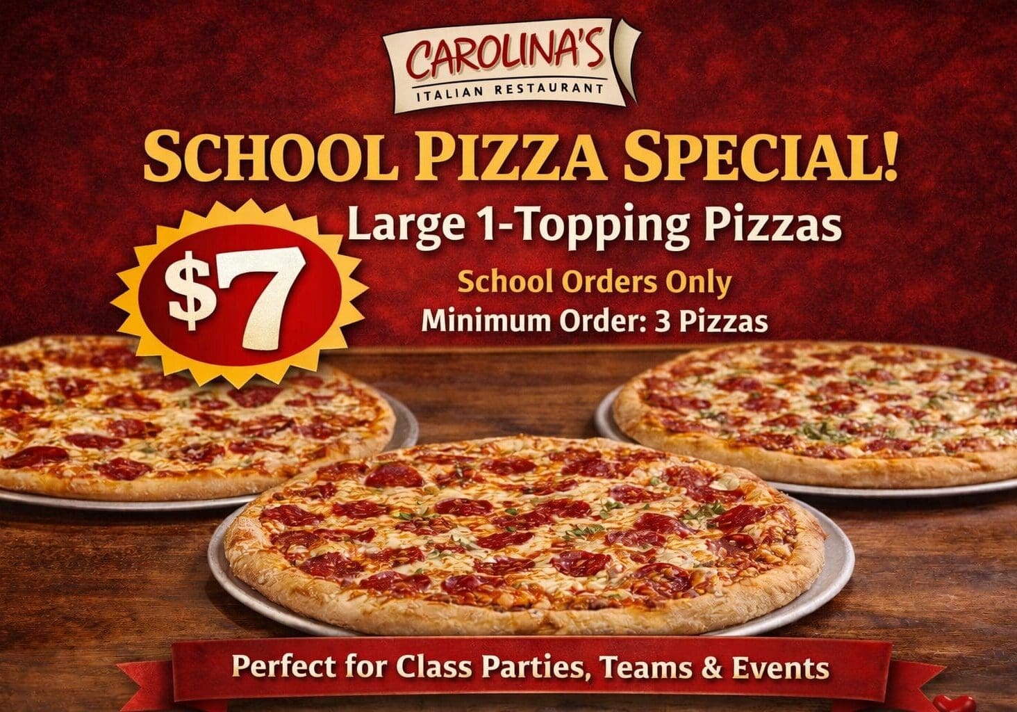 School pizza party special Orange County Carolina's Italian Restaurant